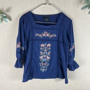 Liv Los Angeles > Blue Square Neck Floral Peasant Quarter Sleeve Top M